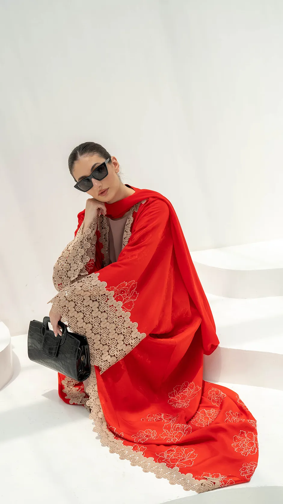 Red Floral Print Silk Abaya with Lace