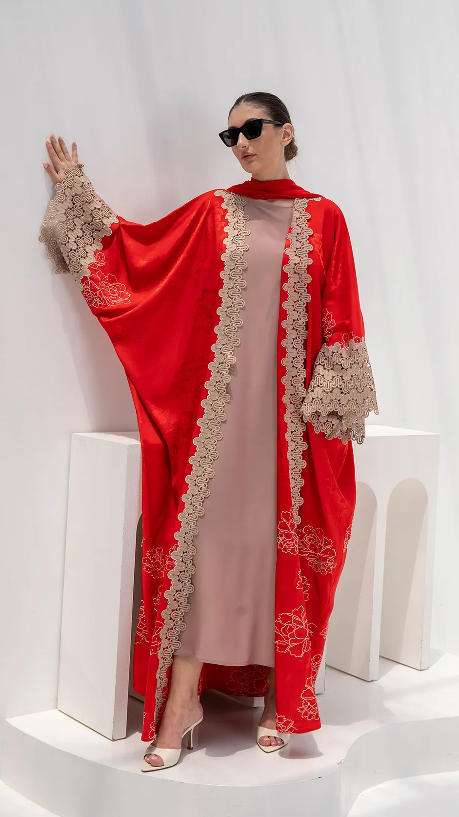 Red Floral Print Silk Abaya with Lace