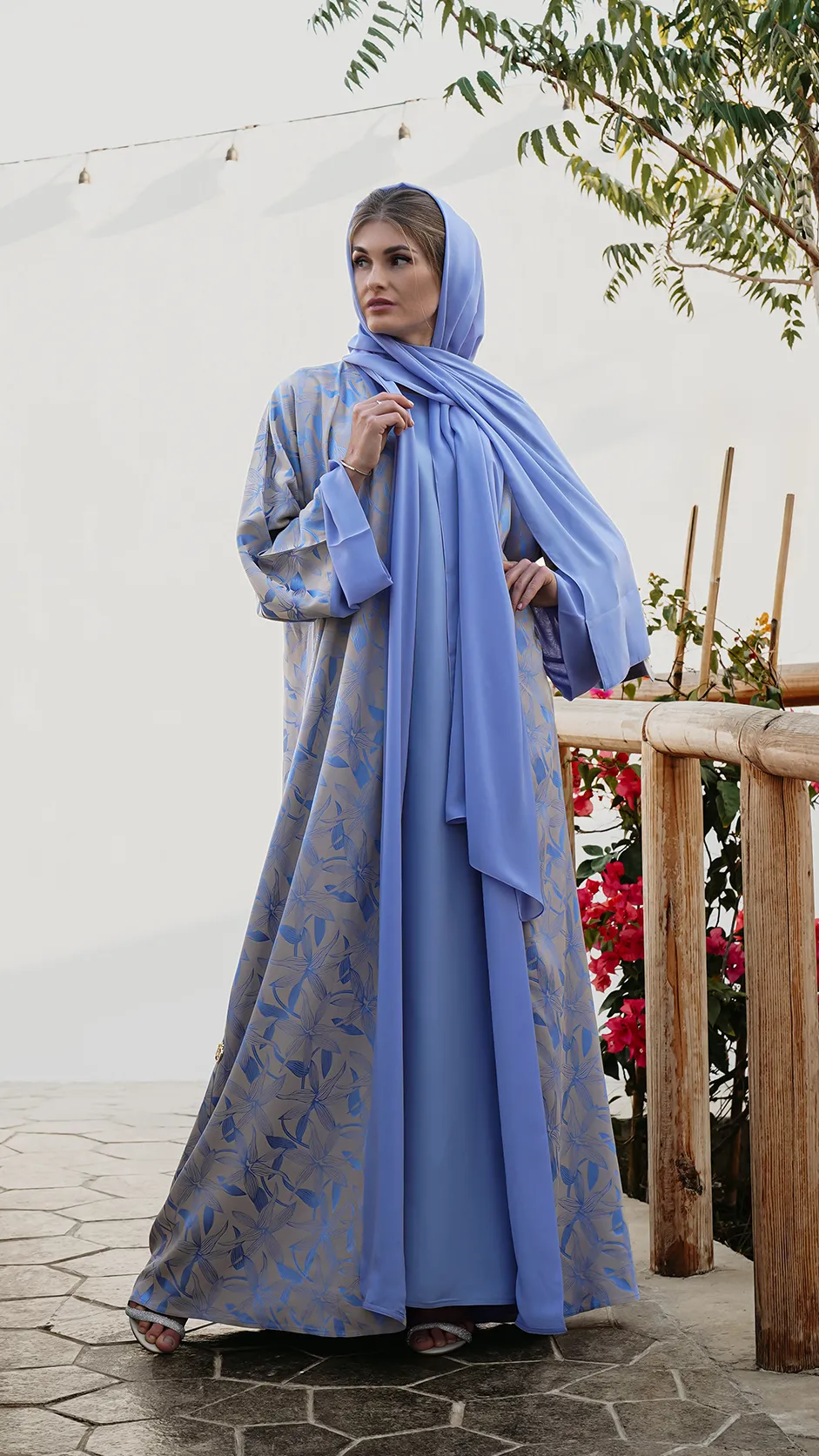 Sky Blue Jacquard Self-Printed Abaya