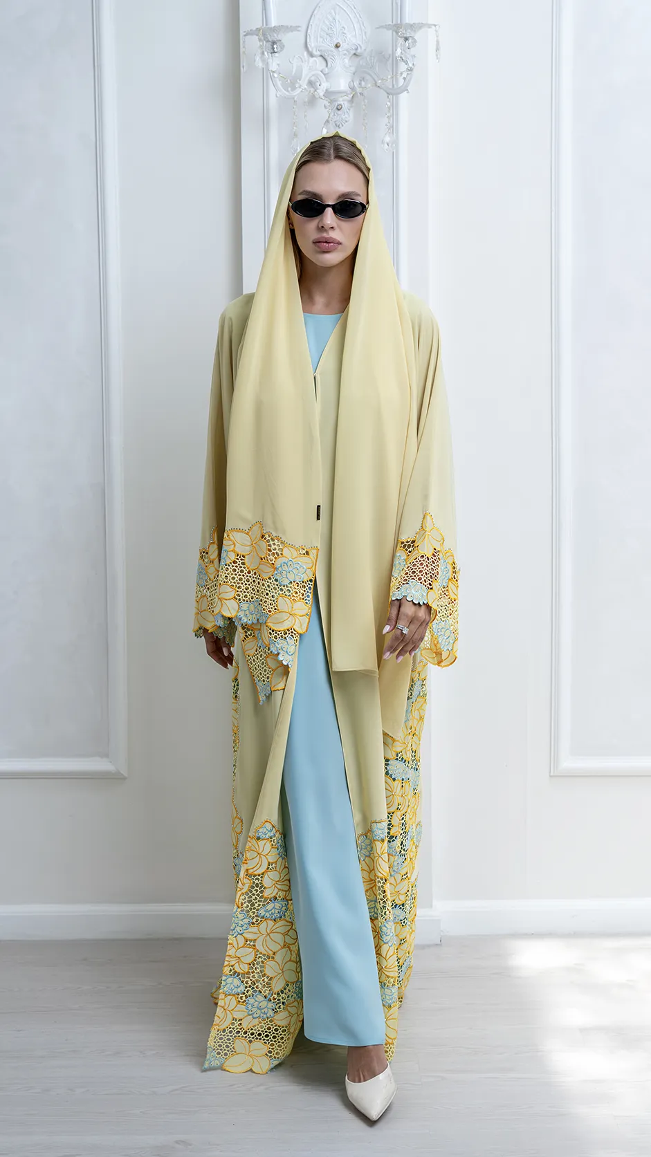 Floral Lace Open Abaya with Stones